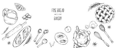 Hand drawn vector illustration of bakery banner. Pastry and bakery for fast food menu, cafe decor, adのイラスト素材