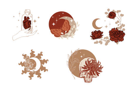 Hand drawn vector illustration of mystic items. Magical outline clipart for  print, card, textil design. Alchemy, magic, esoteric, occult, spiritual set.のイラスト素材