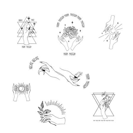 Hand drawn vector illustration of mystic logo. Magical outline clipart for print, card, textil design. Alchemy, magic, esoteric, occult, spiritual set.のイラスト素材