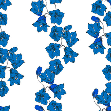Seamless hand drawn floral blue pattern. Bellflower, harebell, campanula. Spring tracery, ornament for designのイラスト素材