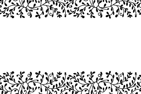 Vector floral frame black grass pattern isolated white background. Horizontal seamless border pattern with place for text.のイラスト素材