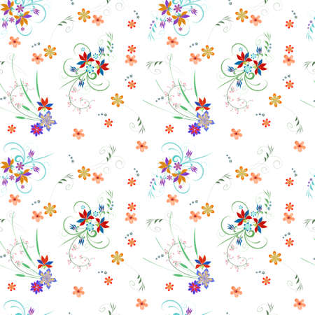 Floral seamless pattern on a white background. A bouquet of flower and stems, small flowers scattered on the surface for the design of silk fabric, textile shawls, hijab, scarf, paper.のイラスト素材