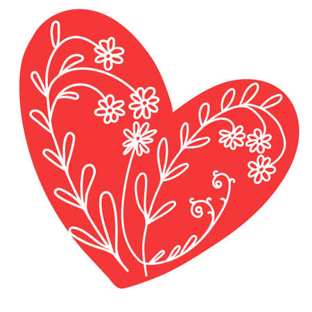 Vector pattern with doodle small white flowers on a red heart background, for design of wedding invitations, cards, scrapbook, symbol of love. Isolated on a white background.のイラスト素材