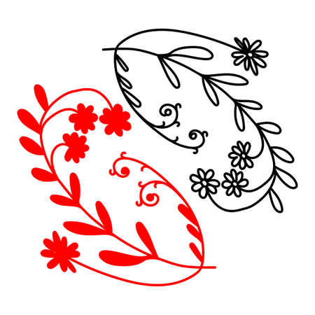 Vector pattern with hand drawn doodle outline and silhouettes of small flowers for the design of wedding invitations, cards, scrapbook, books. Isolated on a white background.のイラスト素材