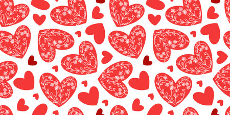 Vector seamless pattern with hand-drawn doodle little white flowers on a red heart background, for...