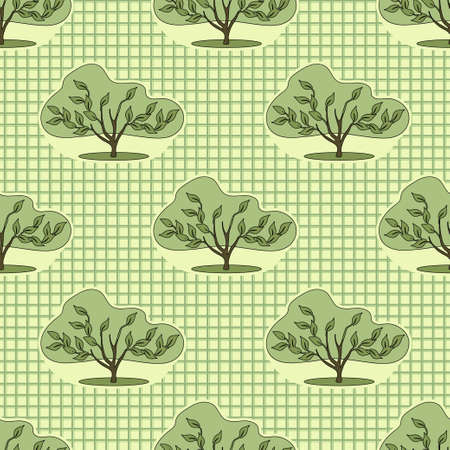 Vector seamless floral pattern. Cartoon tree with green leaves on a yellow checkered background. For textile design, tablecloth, wallpaper, website background.のイラスト素材