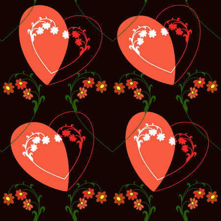 Vector seamless pattern on a black background flowers in the form of hearts, for fabric design, gift wrapping.のイラスト素材