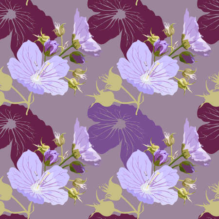 Vector seamless lilac wildflowers with buds on beige background, for fabric design, textiles,...