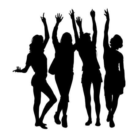 4 silhouettes of young girls tourists girlfriends stand with their hands raised up in the summer in shorts, breeches, short dress. Isolated over white background. Cheerful happy people standing nearbyのイラスト素材