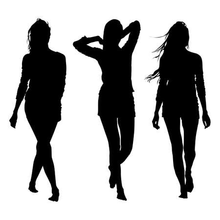 Silhouette of a slender young adult girl in full growth. Three contour poses of a girl in shorts with long bare legs, developing hair for a walkのイラスト素材
