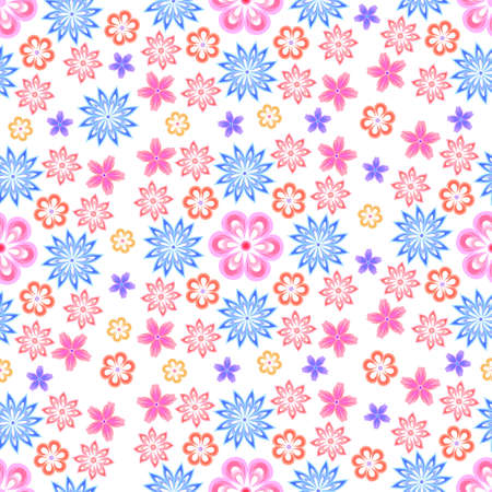 Vector seamless floral background with a pattern of different small flowers in pastel colors on a white background.のイラスト素材