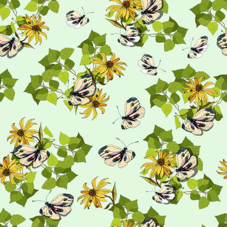 Vector seamless pattern for design fabric, wallpaper. Green twig of birch with young leaves, outline cartoon drawing escape of a butterfly and yellow flowers. Black white isolated spring, summer.のイラスト素材