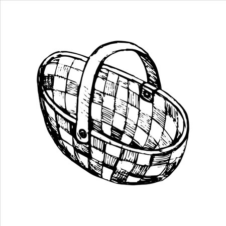 Vector sketch of a wicker bast basket, black white isolated on a white background outline drawing. Ink and ink.のイラスト素材