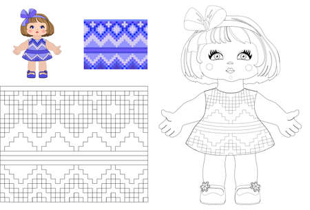 Vector cartoon little cute doll girls child in a summer dress coloring book for preschool and primary schoolchildren, with color sample coloring. Border seamless geometric pattern.のイラスト素材