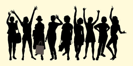 Vector silhouettes persons isolated group 9 standing in different poses women raised their hands up, waving affably, women with bags in hat, emotion of joy, holiday, happy people metのイラスト素材