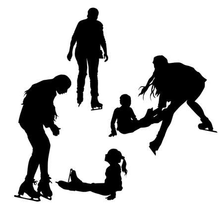 Silhouettes of people skating. Children learn to stand on skates mom helps her daughter to get up after falling silhouette of the girl sitting on the ice with legs outstretched with dressed skates.のイラスト素材