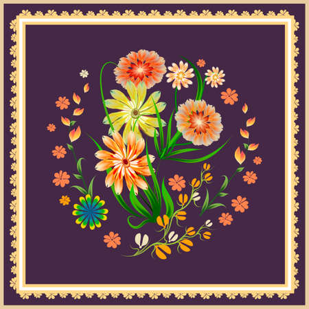 Vector floral background from different decorative creative flower motif of botanical print on female scarf shawl bag, hijab, circle patternのイラスト素材
