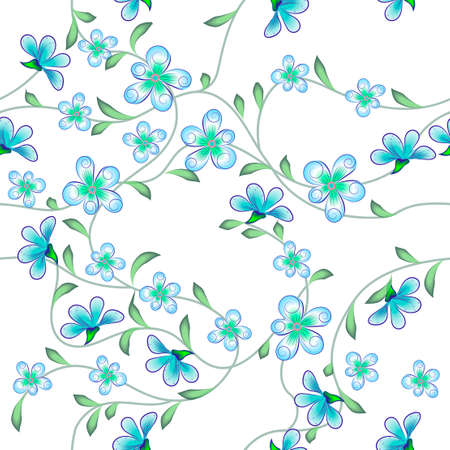 Fashionable floral seamless pattern with small creative flowers and intertwining green stems with a leafy white background for fabric design, a texture with a botanical motifのイラスト素材