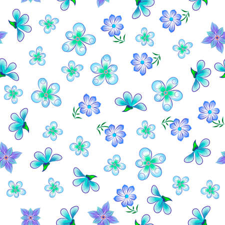 Fashionable floral seamless pattern with small violet creative flowers and intertwining green stems with a leafy white background for fabric design, a texture with a botanical motifのイラスト素材