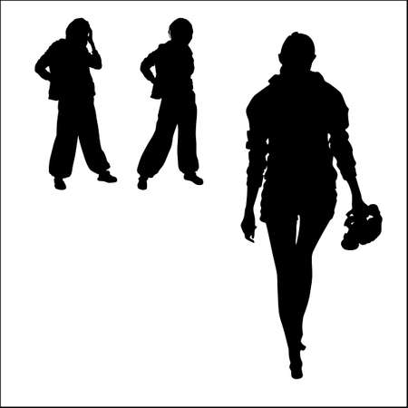 Silhouettes of sports young three women girls two in pants one in shorts view from back goes barefoot in hands shoes, long legs,のイラスト素材