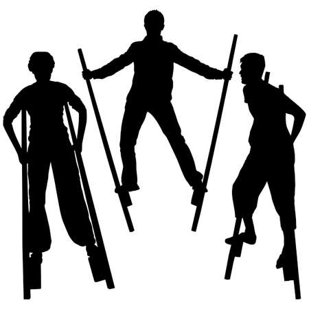 Silhouettes of three young men and women standing on stilts. Cheerful vacation concept of a healthy lifestyle, walk on stiltsのイラスト素材