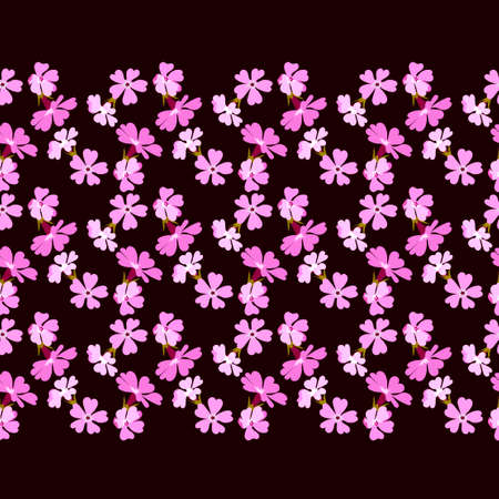 Floral horizontal ornamental border pattern with pink small flowers on dark contrast background seamless vectorのイラスト素材