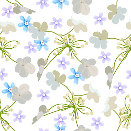 Floral seamless vector pattern of gentle purple beige and light blue small flowers on a white background for design of fabric, wallpaperのイラスト素材