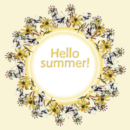 Beautiful vector square floral frame Hello Summer! Yellow Jerusalem artichoke flowers, earthen pear and white fluttering butterflies, greeting card with place for text, web banner, flyer.のイラスト素材