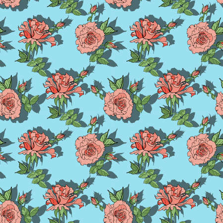 Seamless floral print. Pink rose with a bud and leaves on a contrasting background of Bizkaia. Hand-drawn for textile decoration of wallpaper, paper, scarves, hijab. Spring female drawing. Outlineのイラスト素材