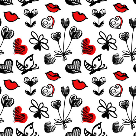 Seamless pattern red-black-white freehand drawing with a set of elements symbolizing love, spring, wedding. Butterfly flutters over a flower, hearts of different shapes in doodle outline style, vectorのイラスト素材