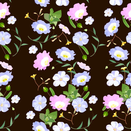 Vector seamless floral pattern, pink and blue flowers in pastel colors on a black backgroundのイラスト素材