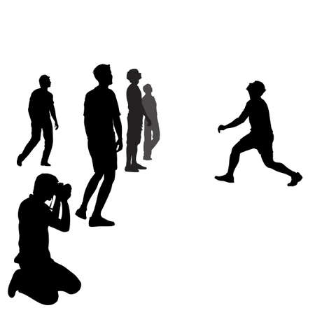 Black silhouettes of young people 5 people play volleyball, separately aside the photographer takes pictures of a team game. Men silhouettes isolated on white backgroundのイラスト素材
