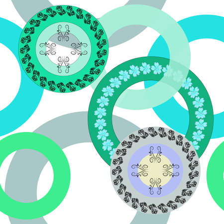 Vector seamless pattern of rings and flowers in pastel colors on a light backgroundのイラスト素材