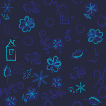 Vector seamless pattern stylized as a child drawing by hand on a dark blue backgroundのイラスト素材