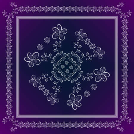 Floral pattern in a square with a border of white openwork small flowers on a blue-purple background for the design of a neckerchief, hijab, tablecloth. Vector.のイラスト素材