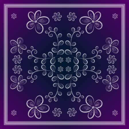 Vector floral pattern for shawl, hijab, tablecloth. Ornament in a square of white openwork flowers on a blue-violet dark backgroundのイラスト素材