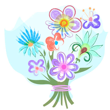 Vector print of decorative flowers in the style of pastel technique. Seven different fantasy flowers in a gift bouquet, a pattern for a card.の写真素材