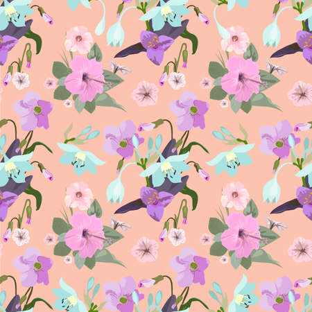 Vector seamless floral pattern drawing of a bouquet of flowers with buds and leaves isolated on a peach background for fabric design, wrapping paper, wallpaper.のイラスト素材