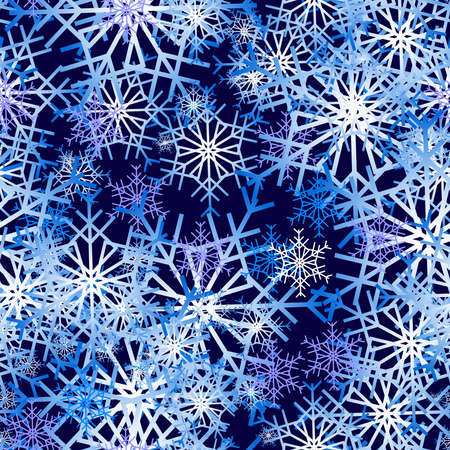 Vector seamless winter New Year pattern with snowflakes on a dark blue background, for design of festive wrapping paper.のイラスト素材
