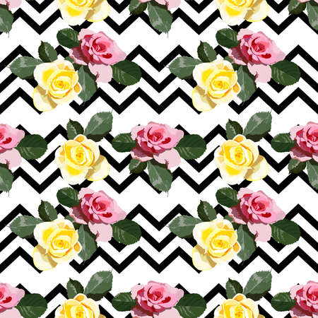 Vector seamless pattern with of a pink and yellow rose with leaves on a white background with black zigzag lines. Large rose flowers, summer floral pattern for fabric designのイラスト素材