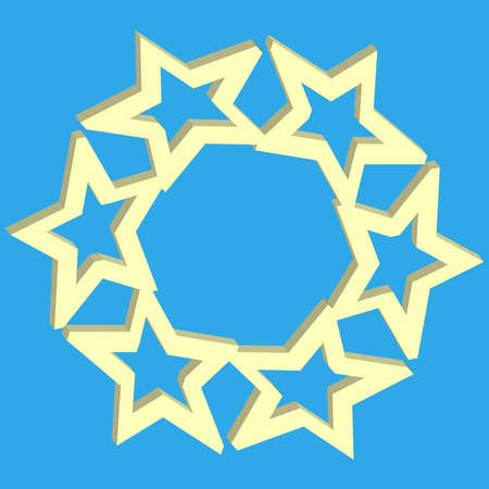 Vector volumetric image of a frame made up of 6 yellow stars. Isolated on a light blue background. Star frame.のイラスト素材