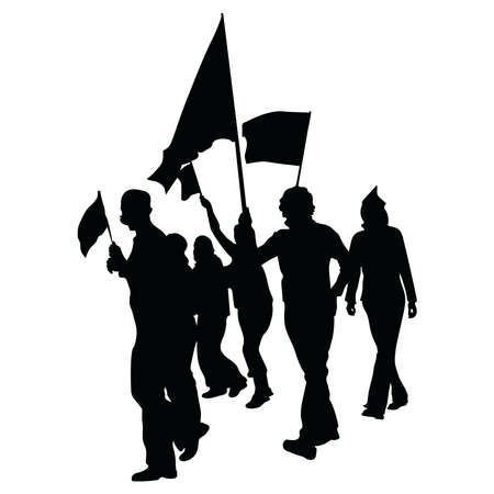Vector silhouettes of a walking group of people. girls with flags and slogans are going forward, crowd isolated on a white background. Demonstration, youth strike, celebration.のイラスト素材