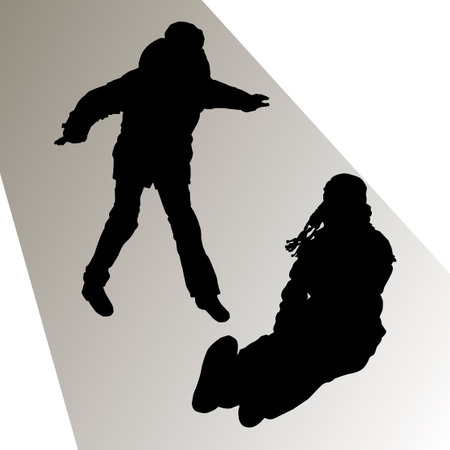 Vector silhouettes of young people riding from the mountain a guy pulls himself off, a girl sitting forward in the winter warm clothes jacket and hats folk fun. Winter skis from the mountain coupleのイラスト素材