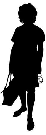 Vector isolated silhouette women in a summer dress with a bag in one hand and glasses in the other, young girl with a raised hand of a chunky build.のイラスト素材