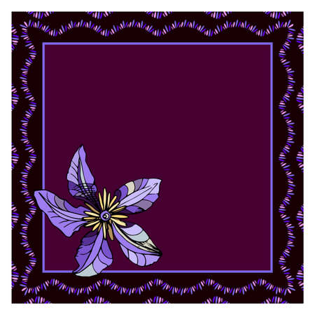 Vector floral pattern for design of hijab, shawl, scarf, head scarves. Decorative clematis flower close-up on a dark background, abstract wavy border around the edge of the squareのイラスト素材