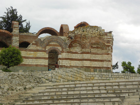 Bulgaria, Nessebar, the old town ruins of an ancient temple in summer. Coastal tourism