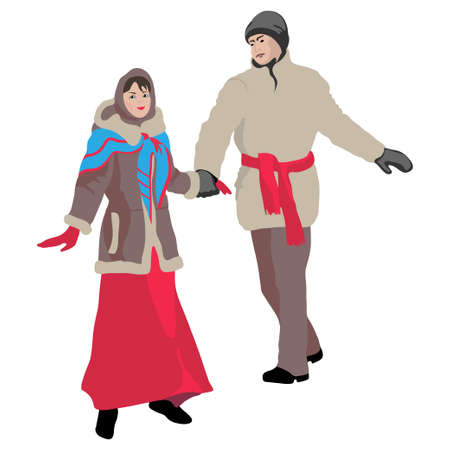 Vector flat cartoon illustration of a young girl and a guy in winter clothes, a woman in a short fur coat, long skirt, shawl, a man with a red sash. Seeing off winter, folk Russian costume.のイラスト素材