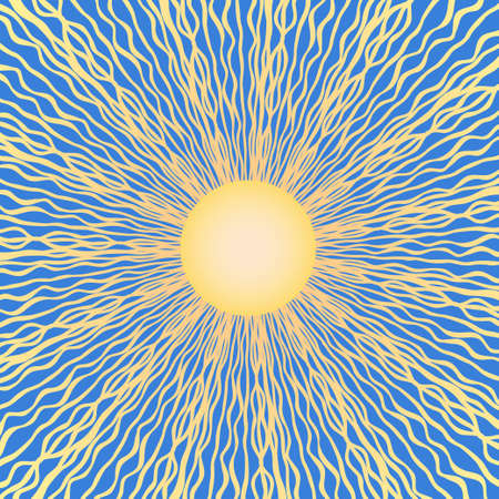 Vector abstract pattern of wavy lines, striped blue-yellow pattern, sun on a light blue background for the design of tiles, scarf, shawl, hijab.のイラスト素材