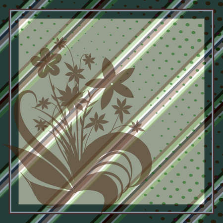 Vector geometric pattern, diagonal stripe with brown silhouette of a bouquet of flowers green background, for fabric design, tile, scarf, hijab.のイラスト素材