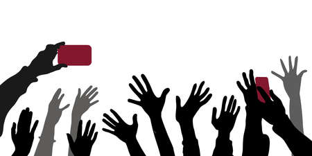 Vector black and gray silhouettes of people hands with palms isolated on white background. Hands with cell phones, jubilation, celebration, at a concert.のイラスト素材